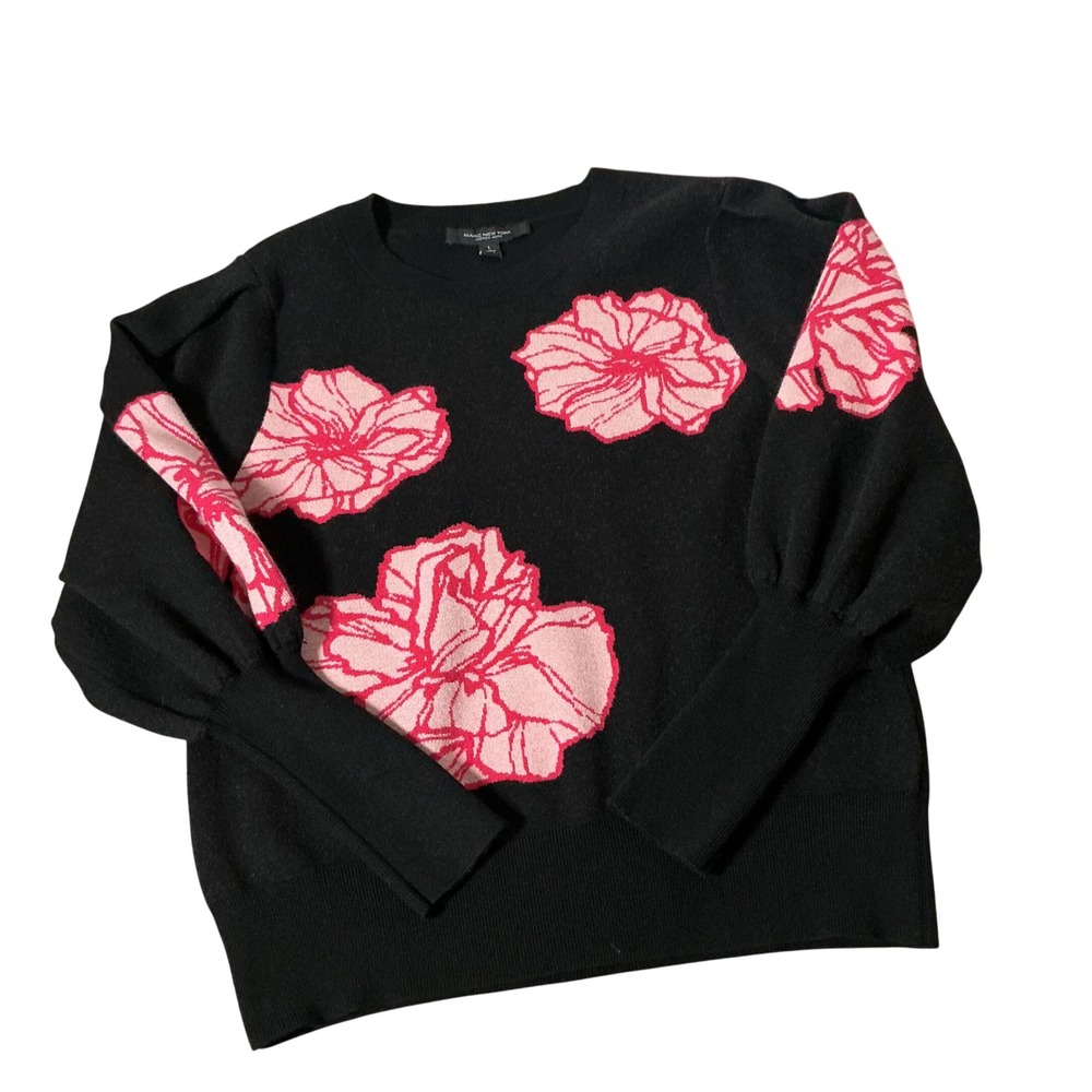 Marc New York Floral Intarsia Sweater Womens L Black Pink Puff Sleeve M4MWS790
